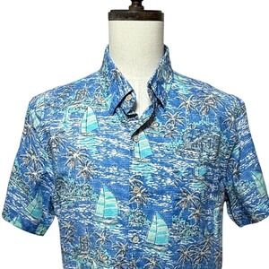 Izod Saltwater Shirt Men XL Blue Sailboat Tropical Short Sleeve Beachy Button Up